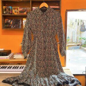 Floral Print Long Sleeve Midi Dress Lace Trim